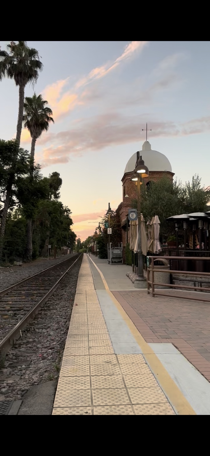 San Juan Capistrano train platform and historic depot at sunset